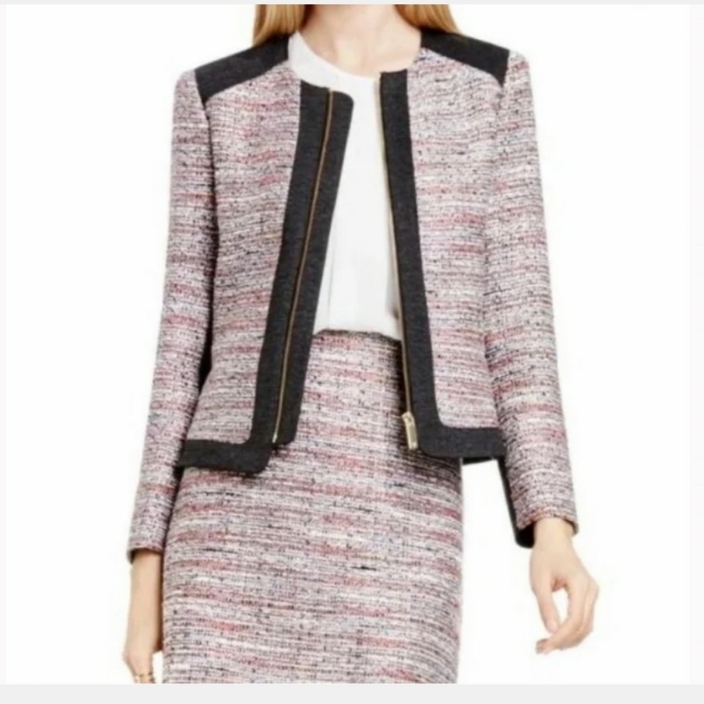 Vince Camuto Tweed Jacket And Skirt Front Zip Contrast Trim Ash Rose  size 2
